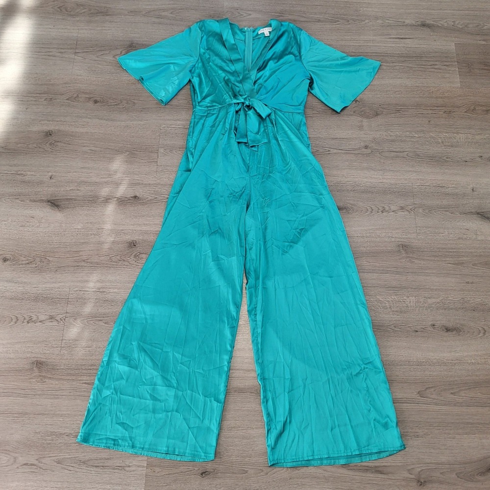 Teal Satin Wide Leg Jumpsuit V-Neck Tie Front Flutter Sleeve Large Glam Flowy